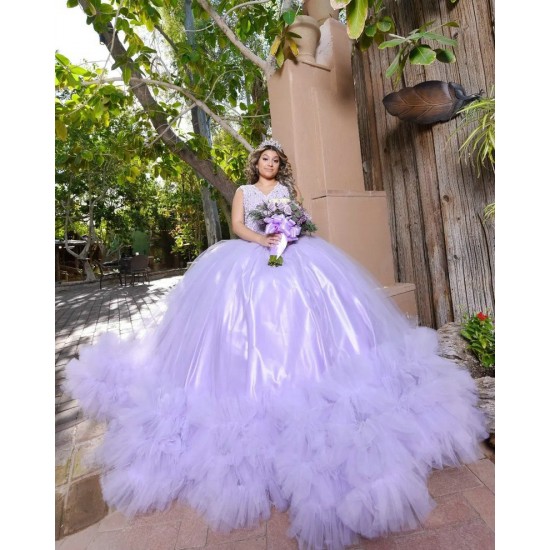 Sleeveless Tiered Lilac Quince Dresses Lace Appliques V Neck 15 Dress