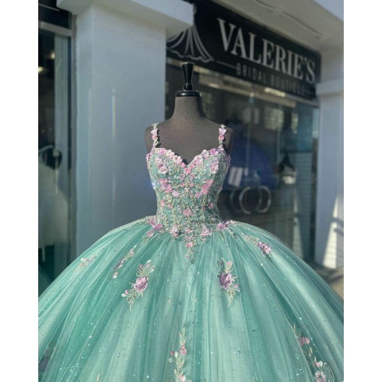 Spaghetti Strap Aqua Quinceanera Dress Sweetheart 15 Dresses With Multi Color Floral