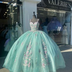 Spaghetti Strap Aqua Quinceanera Dress Sweetheart 15 Dresses With Multi Color Floral