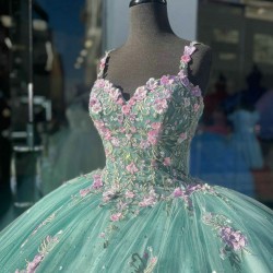 Spaghetti Strap Aqua Quinceanera Dress Sweetheart 15 Dresses With Multi Color Floral