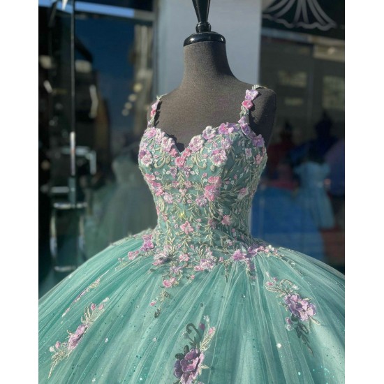 Spaghetti Strap Aqua Quinceanera Dress Sweetheart 15 Dresses With Multi Color Floral