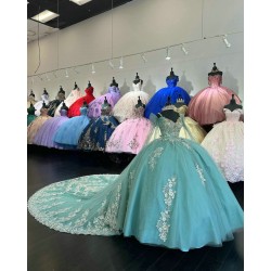 Spaghetti Strap Aqua Quinceanera Dresses V Neck 15 Dress With 3D Flowers