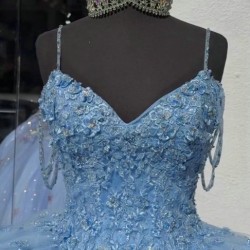 Spaghetti Strap Blue Quince Dresses V Neck 15 Dress Lace Appliques Ball Gown