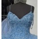 Spaghetti Strap Blue Quince Dresses V Neck 15 Dress Lace Appliques Ball Gown