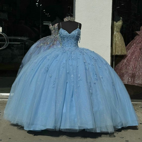 Spaghetti Strap Blue Quince Dresses V Neck 15 Dress Lace Appliques Ball Gown