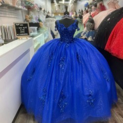 Spaghetti Strap Blue Quince Dresses V Neck Ball Gown 15 Dress