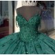 Spaghetti Strap Emerald Green Quinceanera Dresses V Neck Ball Gown 15 Dress