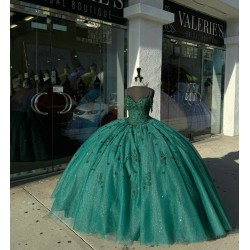 Spaghetti Strap Emerald Green Quinceanera Dresses V Neck Ball Gown 15 Dress