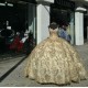 Spaghetti Strap Gold Quinceanera Dresses V Neck 15 Dress With Bow