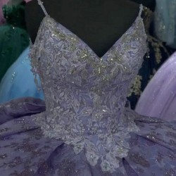 Spaghetti Strap Lilac Quinceanera Dresses V Neck Sequin 15 Dress