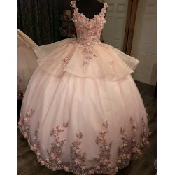 Spaghetti Strap Pink Quince Dresses Pearl 15 Dress V Neck Ball Gown