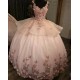 Spaghetti Strap Pink Quince Dresses Pearl 15 Dress V Neck Ball Gown