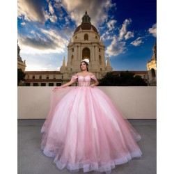 Spaghetti Strap Pink Quinceanera Dress Off Shoulder Vestidos De 15 Anos