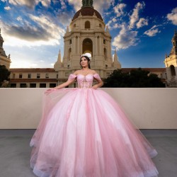 Spaghetti Strap Pink Quinceanera Dress Off Shoulder Vestidos De 15 Anos