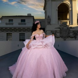 Spaghetti Strap Pink Quinceanera Dress Tiered Vestidos De 15 Anos