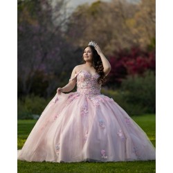 Spaghetti Strap Pink Quinceanera Dresses Sweetheart Neck 15 Dress With 3D Flowers