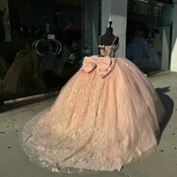 Spaghetti Strap Pink Quinceanera Dresses Sweetheart Neck 15 Dress With Bow