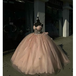 Spaghetti Strap Pink Quinceanera Dresses Sweetheart Neck 15 Dress With Bow