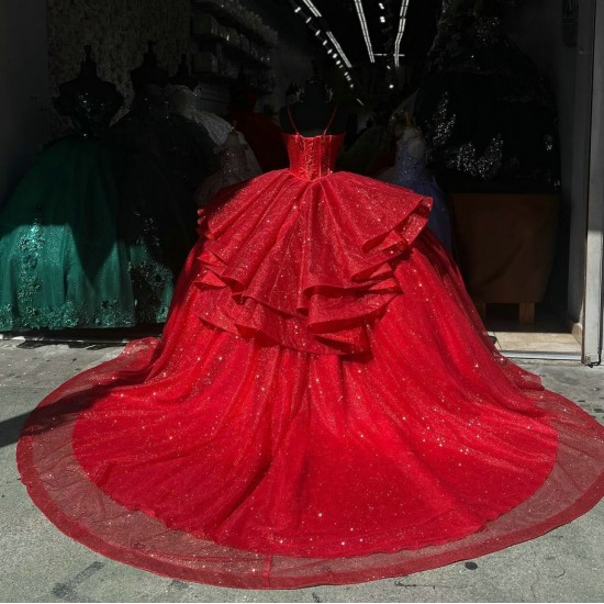 Spaghetti Strap Red Quinceanera Dresses Sweetheart Neck Ball Gown 15 Dress