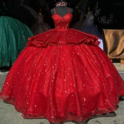 Spaghetti Strap Red Quinceanera Dresses Sweetheart Neck Ball Gown 15 Dress