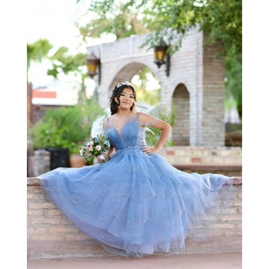 Spaghetti Strap Sky Blue Quince Dresses Beading V Neck 15 Dress