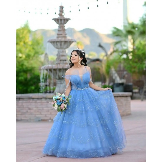 Spaghetti Strap Sky Blue Quince Dresses Beading V Neck 15 Dress