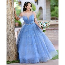 Spaghetti Strap Sky Blue Quince Dresses Beading V Neck 15 Dress