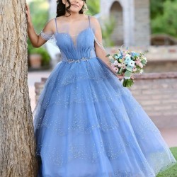 Spaghetti Strap Sky Blue Quince Dresses Beading V Neck 15 Dress