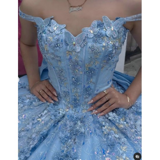 Spaghetti Strap Sky Blue Quinceanera Dress Sweetheart 15 Dresses With Bow