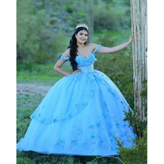 Spaghetti Strap Sky Blue Quinceanera Dress Sweetheart Neck 15 Dresses