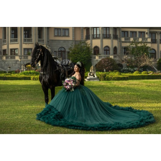 Spaghetti Strap Tiered Emerald Green Quinceanera Dresses V Neck 15 Dress