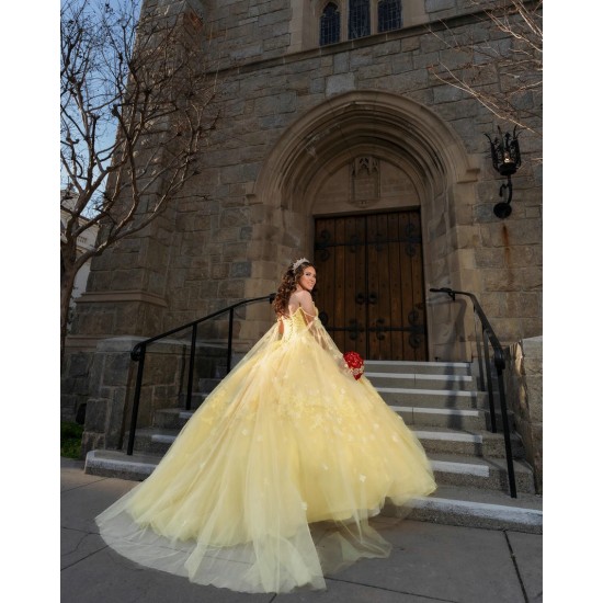 Spaghetti Strap Yellow Quinceanera Dresses Square Collar 15 Dress With 3D Flowers