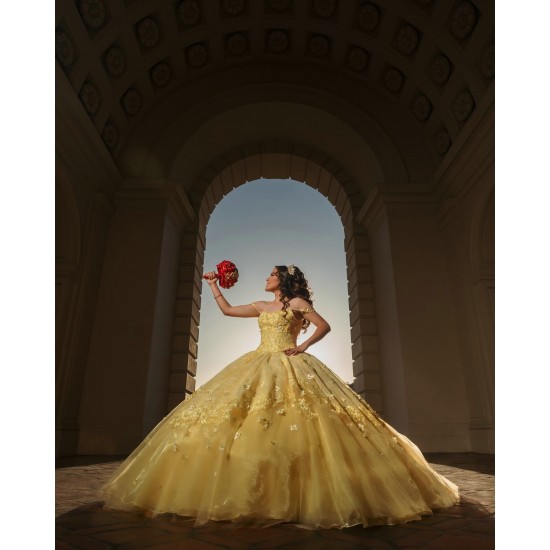 Spaghetti Strap Yellow Quinceanera Dresses Square Collar 15 Dress With 3D Flowers