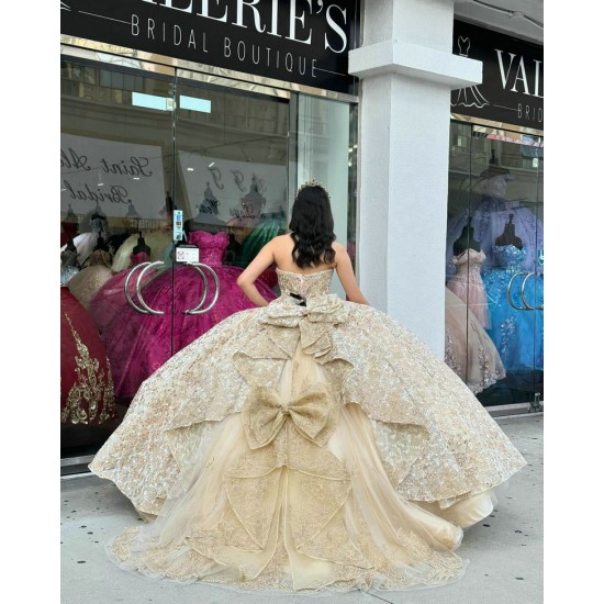 Strapless Champagne Quinceanera Dress Sweetheart Crystal 15 Dresses With Bow