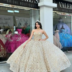 Strapless Champagne Quinceanera Dress Sweetheart Crystal 15 Dresses With Bow