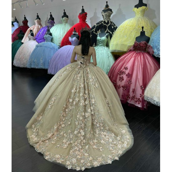 Strapless Champagne Quinceanera Dresses Sweetheart Neck Sequin 15 Dress