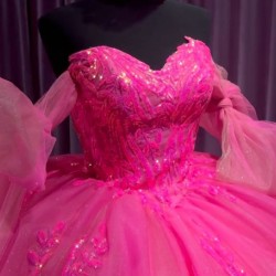 Strapless Hot Pink Quinceanera Dresses Beading Sweetheart Neckline 15 Dress