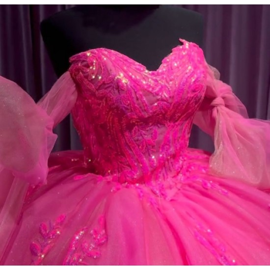 Strapless Hot Pink Quinceanera Dresses Beading Sweetheart Neckline 15 Dress