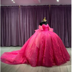 Strapless Hot Pink Quinceanera Dresses Beading Sweetheart Neckline 15 Dress