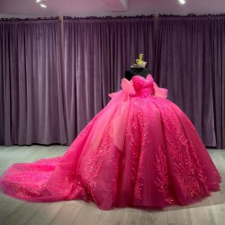 Strapless Hot Pink Quinceanera Dresses Beading Sweetheart Neckline 15 Dress