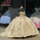 Strapless Metallic Lace Quinceanera Dama Dresses Champagne