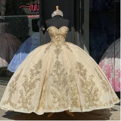 Strapless Metallic Lace Quinceanera Dama Dresses Champagne