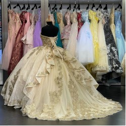 Strapless Metallic Lace Quinceanera Dama Dresses Champagne