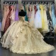 Strapless Metallic Lace Quinceanera Dama Dresses Champagne