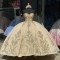 Strapless Metallic Lace Quinceanera Dama Dresses Champagne