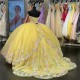 Strapless Pastel Yellow Quinceanera Dress With Blue Flowers