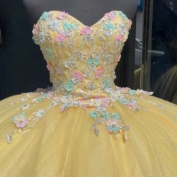 Strapless Pastel Yellow Quinceanera Dress With Blue Flowers