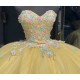 Strapless Pastel Yellow Quinceanera Dress With Blue Flowers