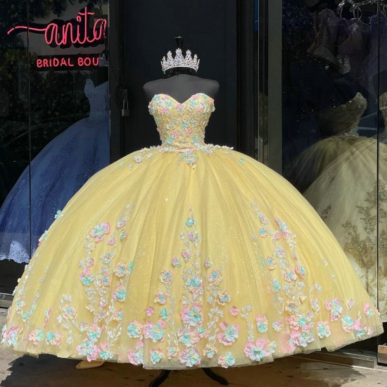 Strapless Pastel Yellow Quinceanera Dress With Blue Flowers