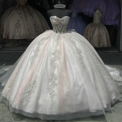 Strapless Pink On White Quinceanera Dress Metallic Sequin 15 Dresses